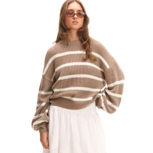 Cropp - Sweter w biało-beżowe paski - beżowy