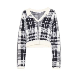 Cropp - Sweter w kratę z kołnierzykiem - biały
