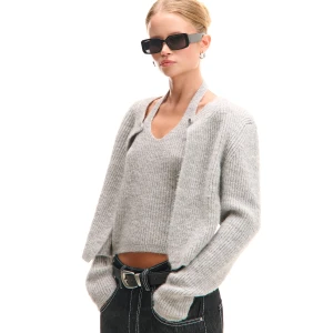 Cropp - Szara dzianinowa bluzka z zapięciem - szary