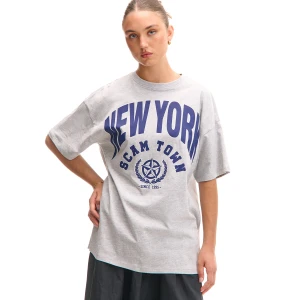 Cropp - Szara koszulka oversize z nadrukiem - jasny szary