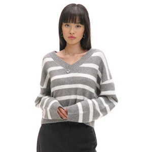 Cropp - Szary sweter w białe paski - szary