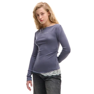Cropp - Szary T-shirt longsleeve z cekinowym napisem - szary