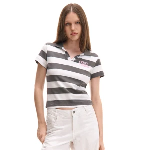 Cropp - T-shirt w paski z kołnierzykiem - biały