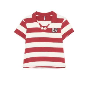 Cropp - T-shirt w paski z kołnierzykiem - czerwony