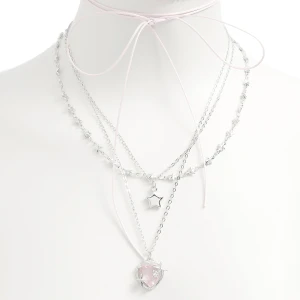 Cropp - Wielowarstwowy naszyjnik z różowych chokerem - srebrny