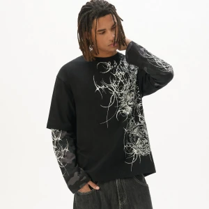 Cropp - Wzorzysta koszulka longsleeve - czarny