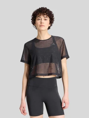 Cropped Fit sport t-shirt z siateczki z haftami z logo Adidas Czarny