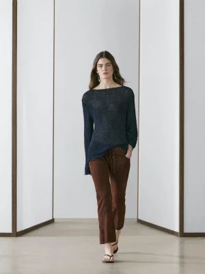 Skórzane Spodnie Zamszowe Cropped Z Troczkami - Brązowy - - Massimo Dutti - Kobieta