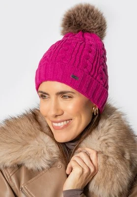 Czapka damska z warkoczowym splotem i pomponem fuksjowa Wittchen