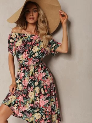 Czarn-Różowa Sukienka z Bawełny w Kwiatowy Print Dimizama generation