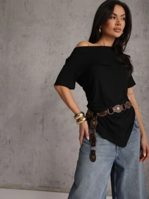 Czarna Asymetryczna Bluzka z Wiskozy z Krótkim Rękawem Zdobiona Marszczeniem Undishi elsa.m by may