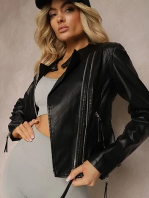 Czarna Asymetryczna Kurtka Ramoneska z Pagonami Lalline black&fish