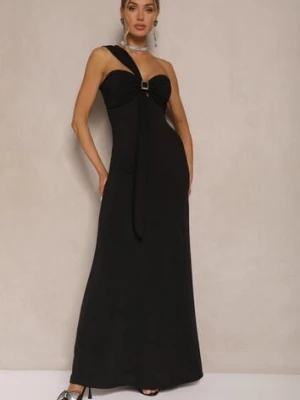 Czarna Asymetryczna Sukienka Koktajlowa Ozdobiona Metaliczną Aplikacją Divianis allyson