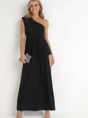 Czarna Asymetryczna Sukienka Maxi z Rozkloszowanym Dołem i Wycięciem z Brokatem Acaisa