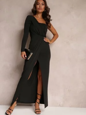 Czarna Asymetryczna Sukienka Maxi Zdobiona Drapowaniem Kiari