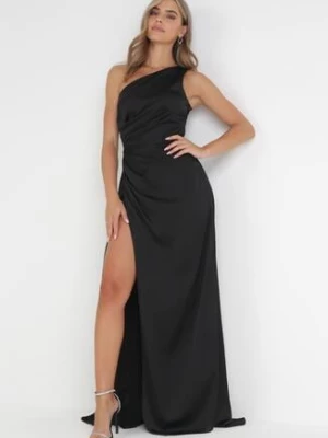 Czarna Asymetryczna Sukienka na Jedno Ramię z Kopertowym Dołem Emmellis