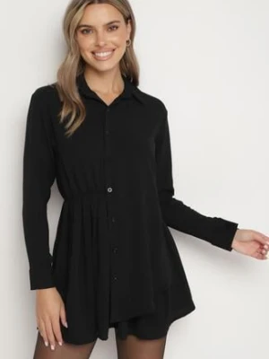 Czarna Asymetryczna Sukienka o Koszulowym Kroju z Gumką w Talii Elodina j studio