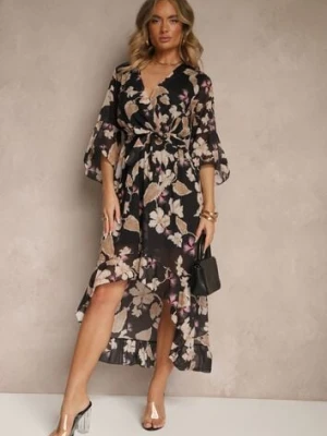 Czarna Asymetryczna Sukienka z Bawełny z Kopertowym Dekoltem i Wiązanym Paskiem Nitilira pretty