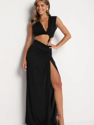 Czarna Asymetryczna Sukienka z Wycięciem i Głębokim Dekoltem Rivattis allyson