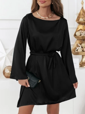 Czarna atłasowa sukienka z paskiem Oceniaa - czarny Pakuten