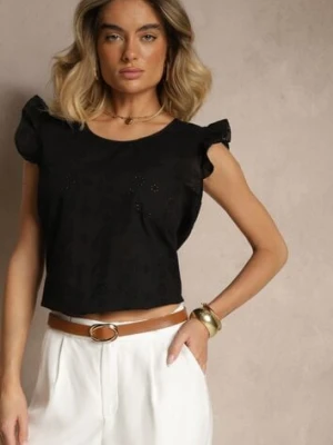 Czarna Ażurowa Bluzka z Bawełny Ozdobiona Falbankami Ridilane defox