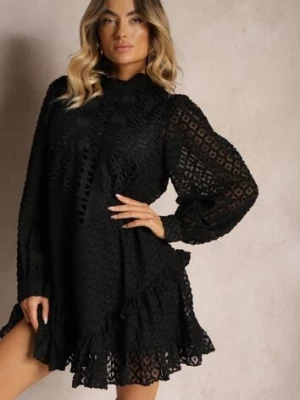 Czarna Ażurowa Sukienka Mini o Rozkloszowanym Fasonie z Falbankami Beline elsa.m by may