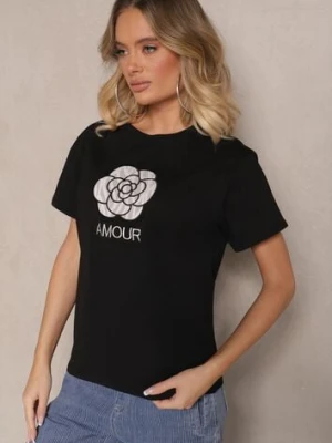 Czarna Bawełniana Bluzka Ozdobiona Napisem i Haftem Nalanith defox