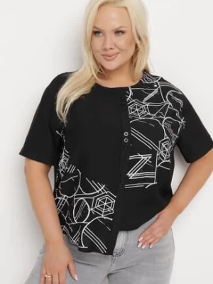 Czarna Bawełniana Bluzka T-shirt z Krótkim Rękawem z Nadrukiem i Guzikami Fiomara