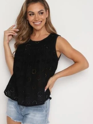 Czarna Bawełniana Bluzka Top Bez Rękawów o Ażurowym Wykończeniu Xilnea defox
