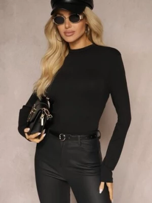 Czarna Bawełniana Bluzka Typu Longsleeve z Półgolfem Riata