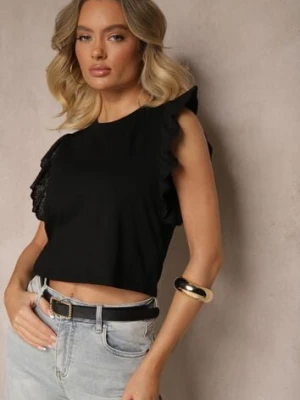 Czarna Bawełniana Bluzka z Haftowaną Falbanką Nalanira defox