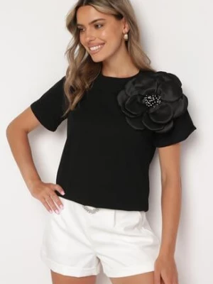 Czarna Bawełniana Bluzka z Kwiatową Aplikacją i Cyrkoniami Quavia elsa.m by may
