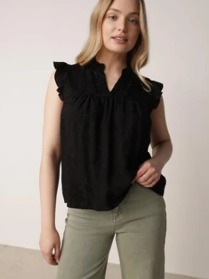 Czarna Bawełniana Bluzka z Kwiatowym Haftem i Falbankami Sabrilato romee's