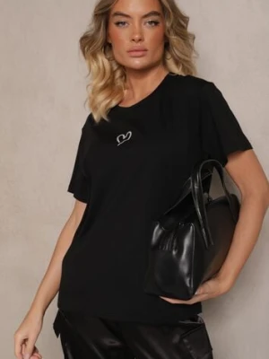 Czarna Bawełniana Bluzka z Motywem Serca Nalithra defox