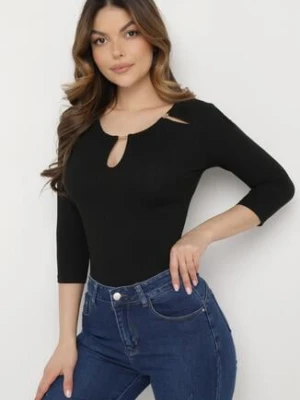 Czarna Bawełniana Bluzka z Prążkowanej Dzianiny z Rękawami 3/4 i Wycięciem przy Dekolcie Xireal las garras
