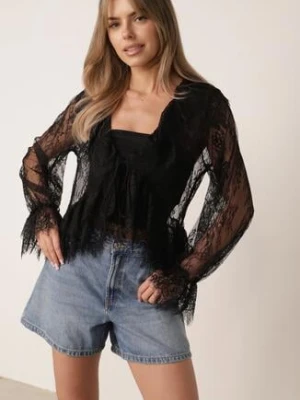 Czarna Bawełniana Bluzka z Transparentnej Koronki z Falbankami w Stylu Boho Palamna Bisou's Project