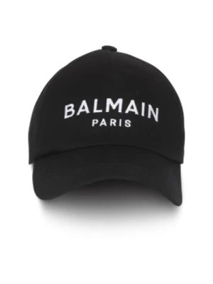 Czarna bawełniana czapka z białym haftowanym logo - Luksusowa moda Balmain