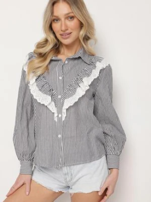Czarna Bawełniana Koszula w Paski z Ozdobnym Dekoltem z Falbanką Paleriella elsa.m by may