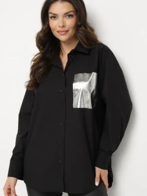 Czarna Bawełniana Koszula z Metalicznym Nadrukiem Imitującym Kieszeń Nencilla miss poem