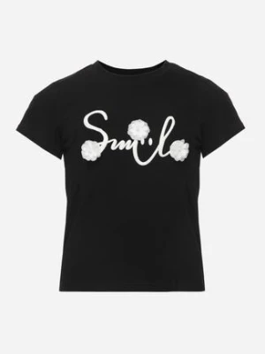 Czarna Bawełniana Koszulka T-shirt z Brokatowym Napisem i Kwiatami 3D Azavia glo-story