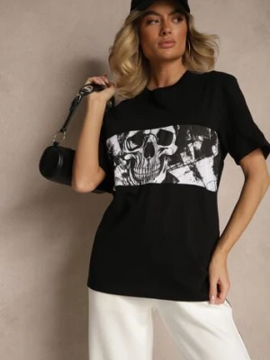 Czarna Bawełniana Koszulka T-shirt z Nadrukiem Czaszki Lanavira