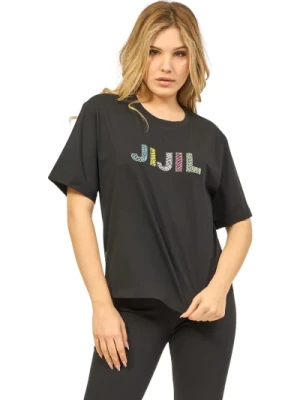 Czarna Bawełniana Koszulka z Okrągłym Dekoltem i Kolorowym Logo ze Strass Jijil