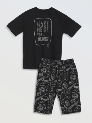 Czarna bawełniana piżama z nadrukami Reporter