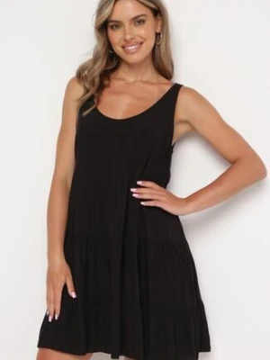 Czarna Bawełniana Rozkloszowana Sukienka na Ramiączkach z Falbanami Criselles