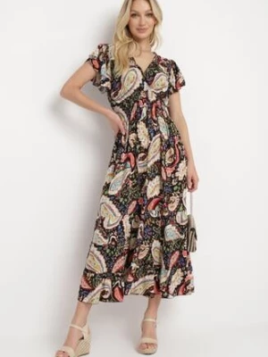 Czarna Bawełniana Sukienka Boho z Gumką w Talii i Wzorem Paisley Sirrelia defox