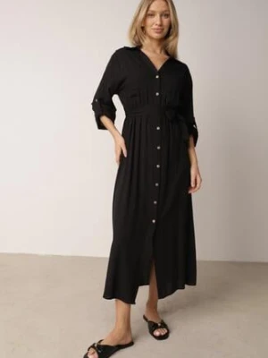Czarna Bawełniana Sukienka Koszulowa w Stylu Safari z Wiązanym Paskiem Atusea m&d fashion