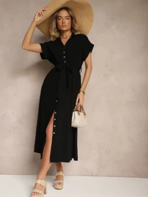 Czarna Bawełniana Sukienka Koszulowa z Wiązanym Paskiem i Krótkim Rękawem Elannoria m&d fashion