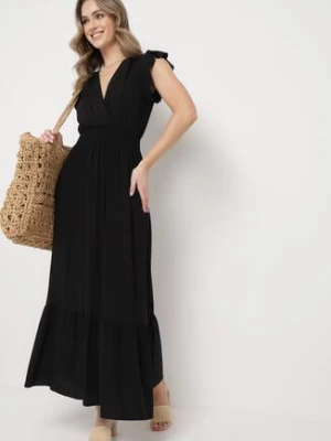 Czarna Bawełniana Sukienka Maxi z Kopertową Górą Rozkloszowana Xaliara