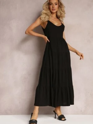 Czarna Bawełniana Sukienka Maxi z Wiązanymi Ramiączkami i Rozkloszowaną Falbaną Mariones rosa