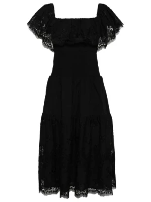 Czarna Bawełniana Sukienka Midi z Dekoltem na Ramionach Self Portrait